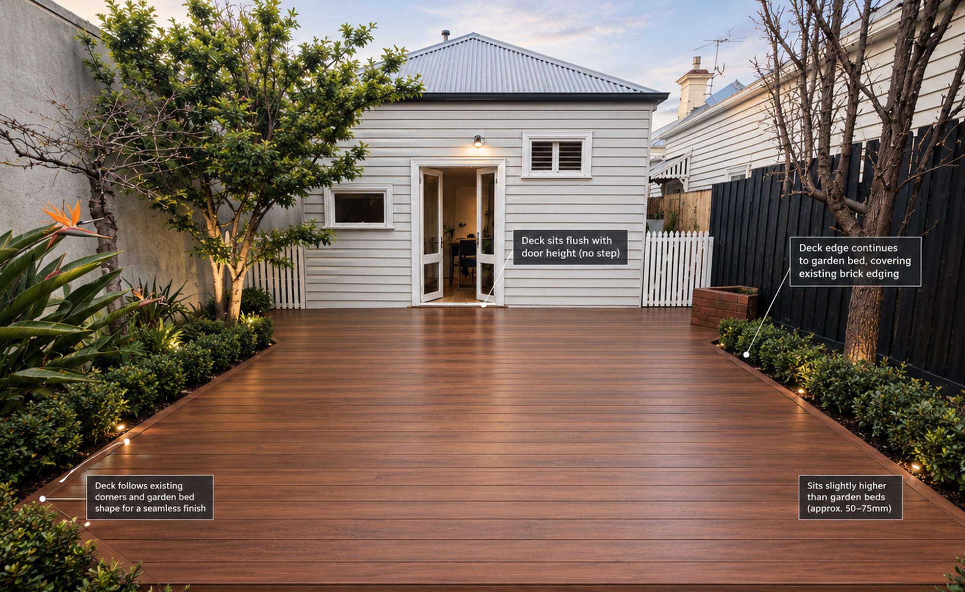 Concept visual of a spotted gum deck running from the back doors of a weatherboard house to the garage, with clipped hedging in the garden beds on both sides